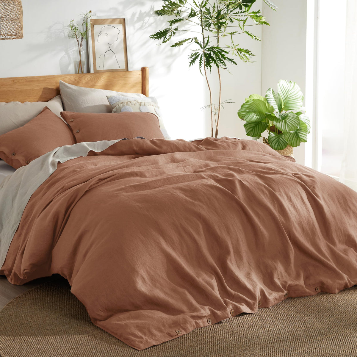 Bedsure PureWoven Linen Duvet Cover Queen, Linen Cotton Blend, Olive Green