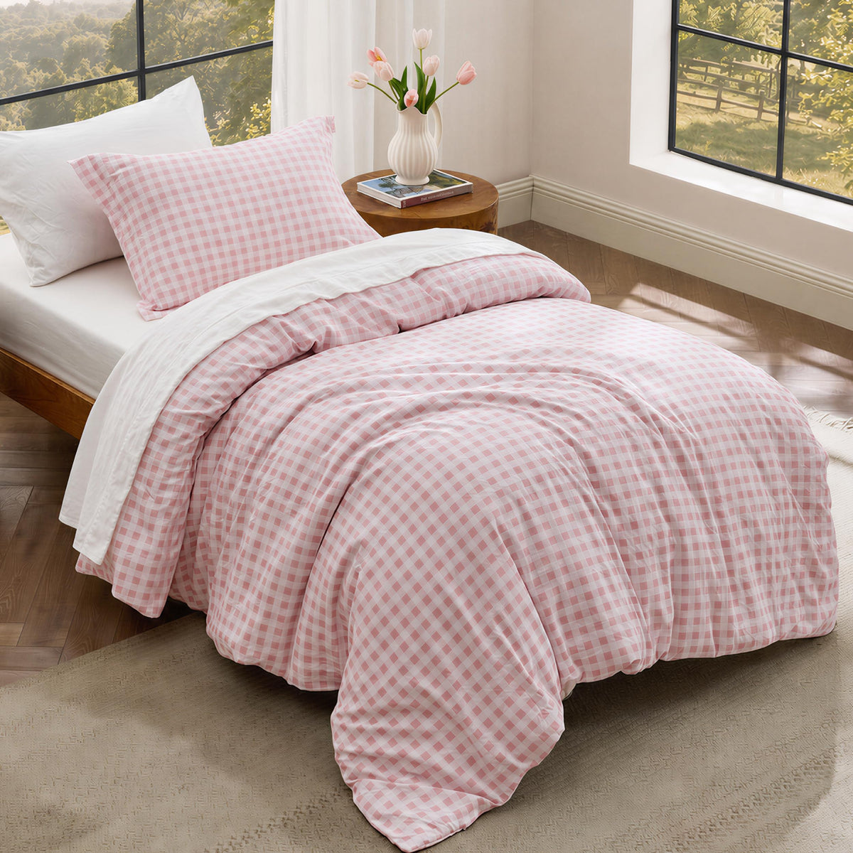 Bedsure Gingham Duvet Cover Set Cotton-Like Bedding Queen Size, Brown
