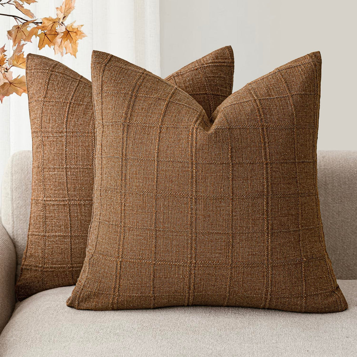 Foindtower Boho Linen Check Decorative Throw Pillow Cover 18×18 Olive Green