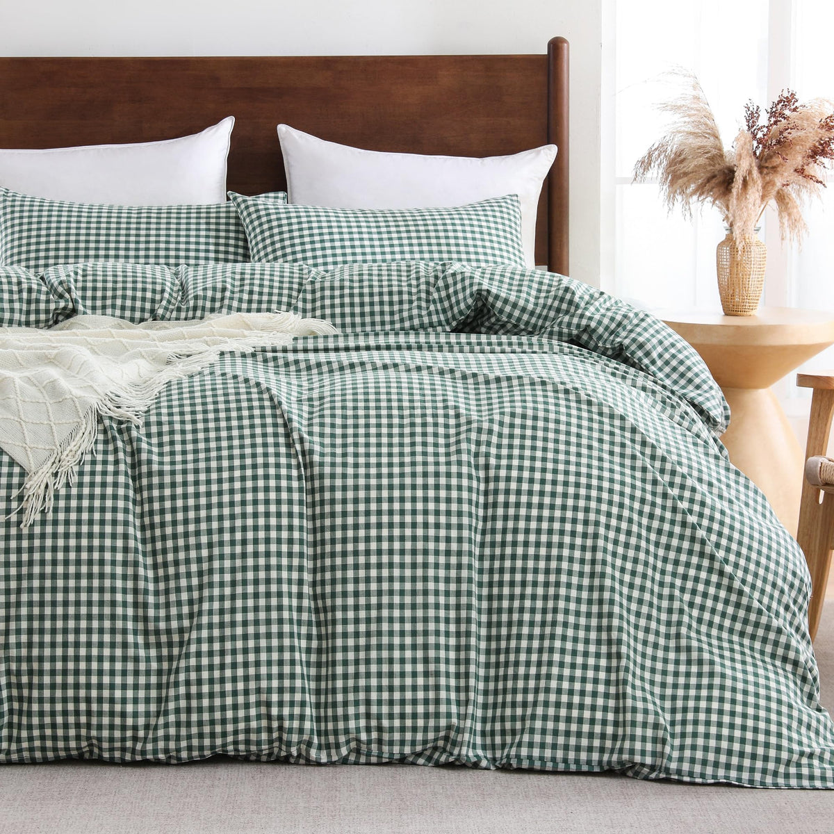 Cotton Brown Gingham Duvet Cover Bedding Set Linen Like, Queen