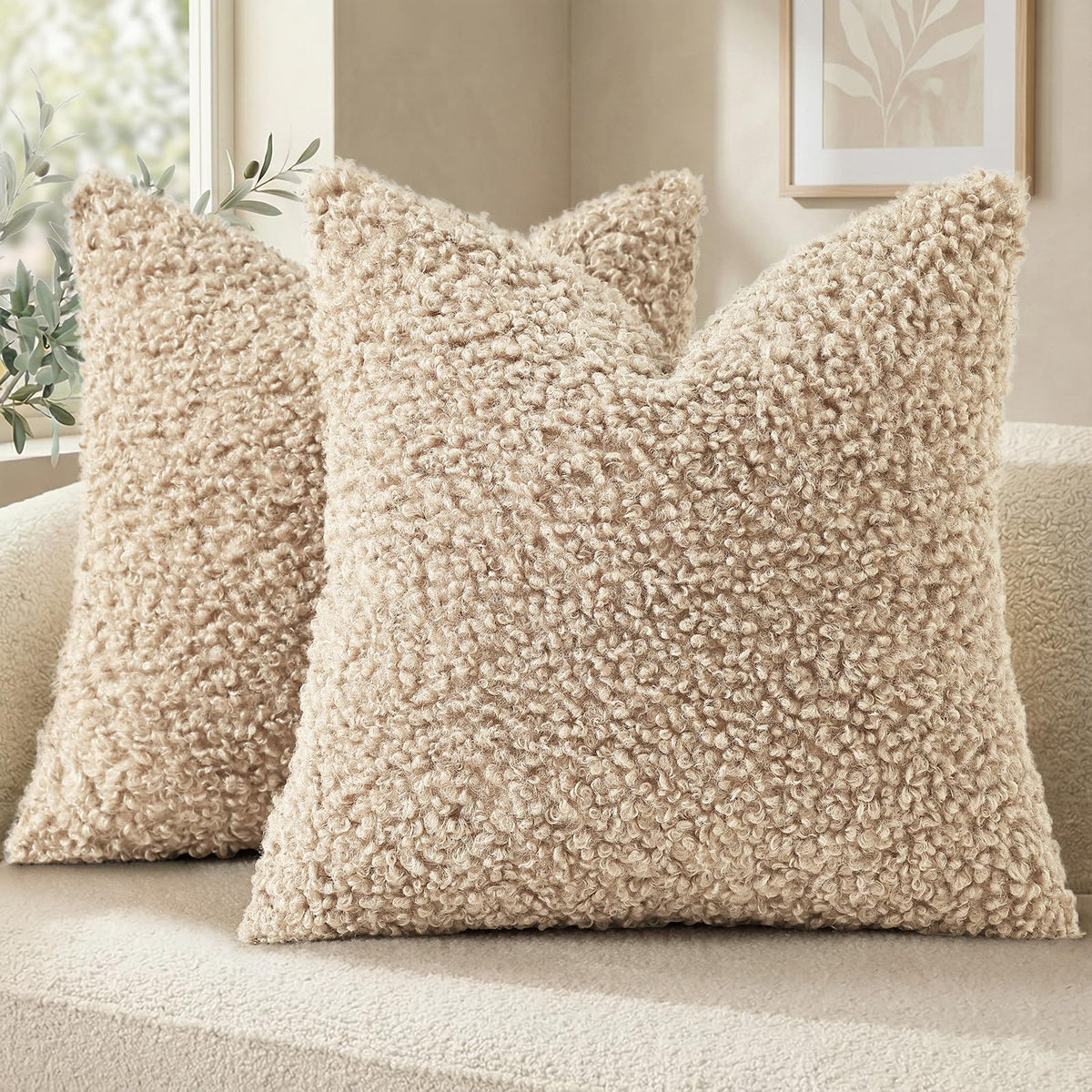 decorUhome Sherpa Throw Pillow Covers 18x18 Set of 2 Neutral Cream