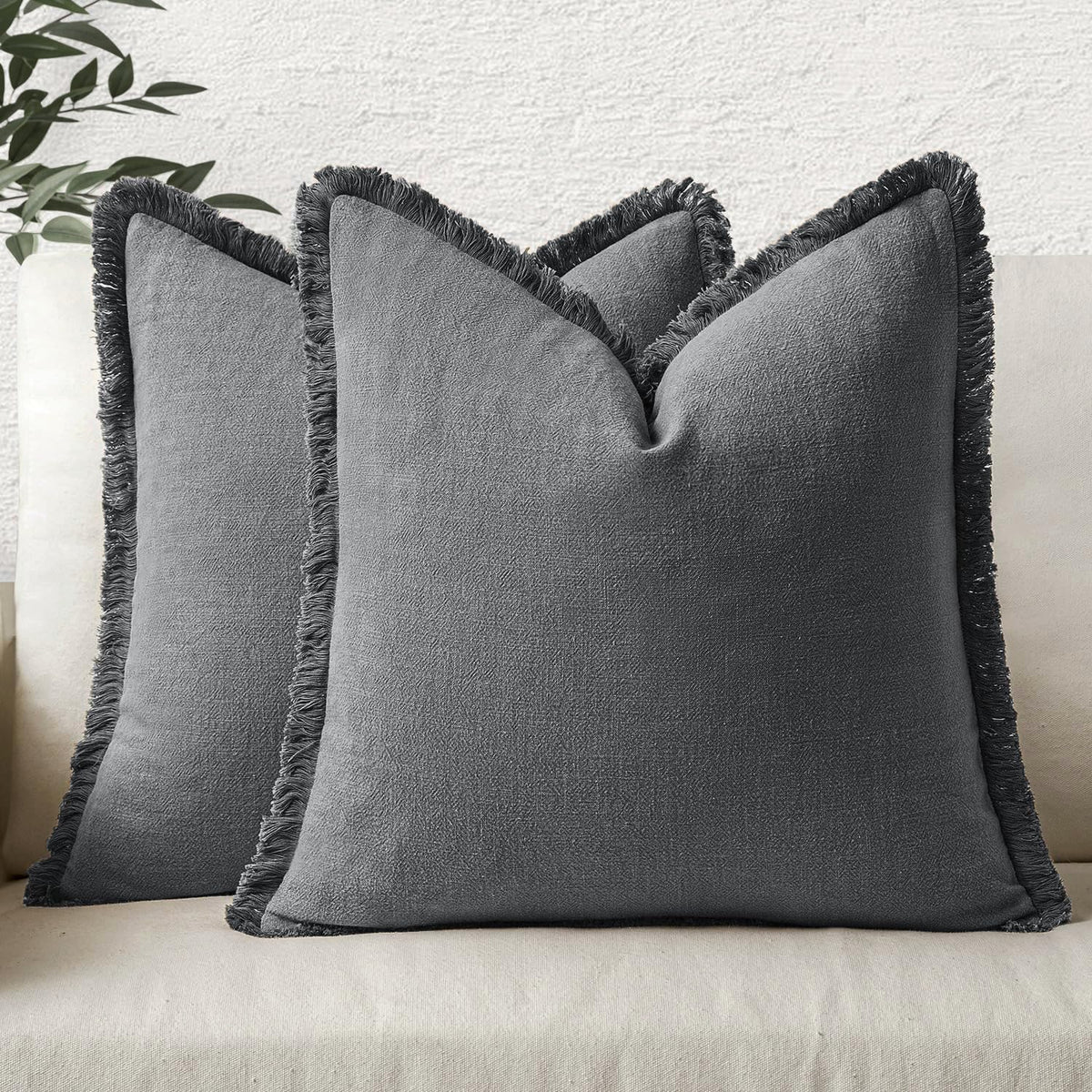 MIULEE Boho Linen Fringe Decorative Throw Pillow Covers Olive Green 20x20