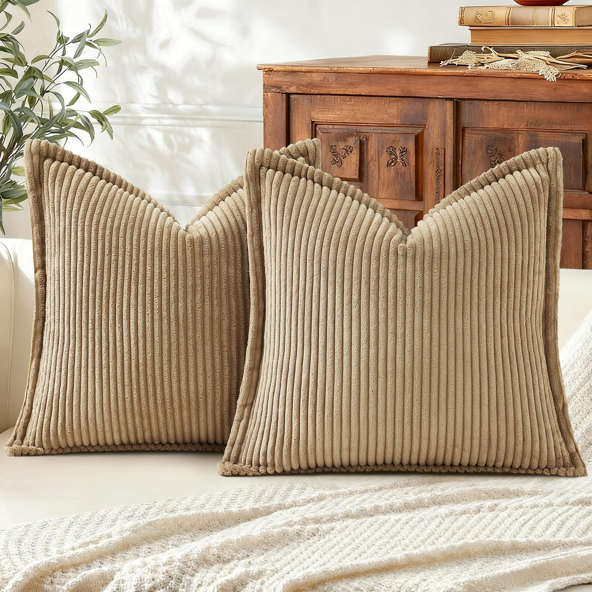 Mecatny Corduroy Fall Throw Pillow Covers 18x18 Set of 2 Olive Green
