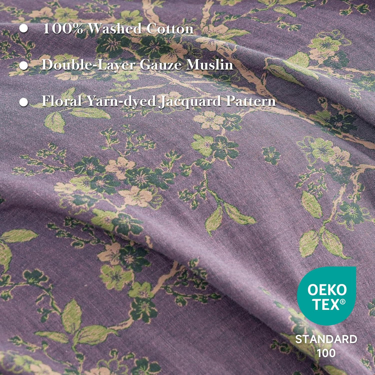 Simple&Opulence Muslin Duvet Cover Set Queen Size, 100% Washed Cotton 3 Pieces Yarn-Dyed Vintage Purple Floral Jacquard Textured Bedding, Soft & Breathable Gauze Comforter Cover with Zipper Closure