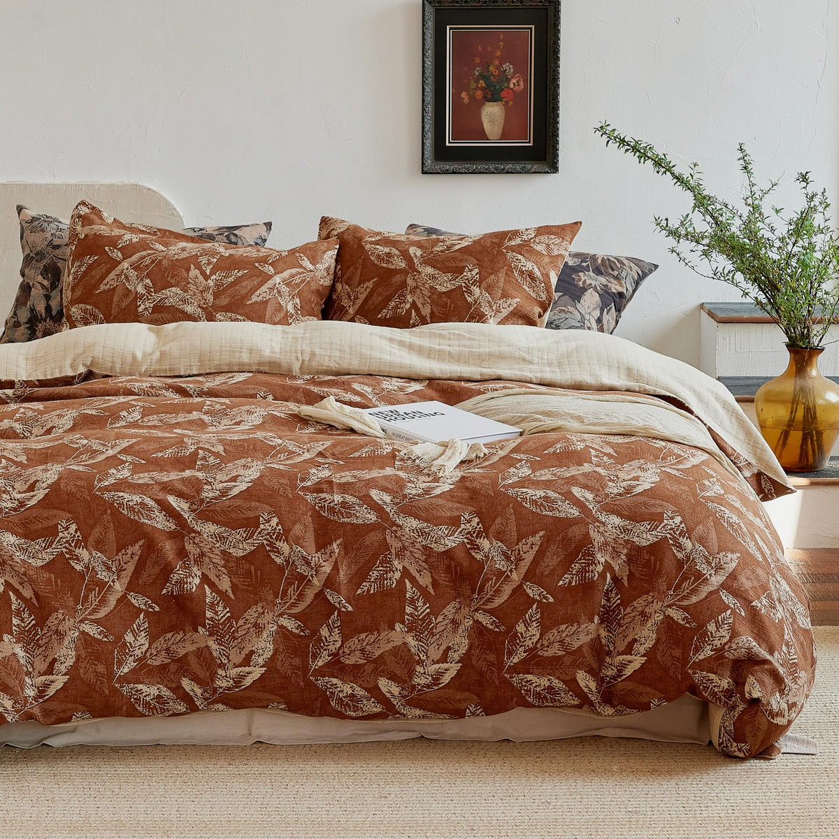 Simple&Opulence Muslin Duvet Cover Set Queen Size, 100% Washed Cotton 3 Pieces Yarn-Dyed Vintage Purple Floral Jacquard Textured Bedding, Soft & Breathable Gauze Comforter Cover with Zipper Closure
