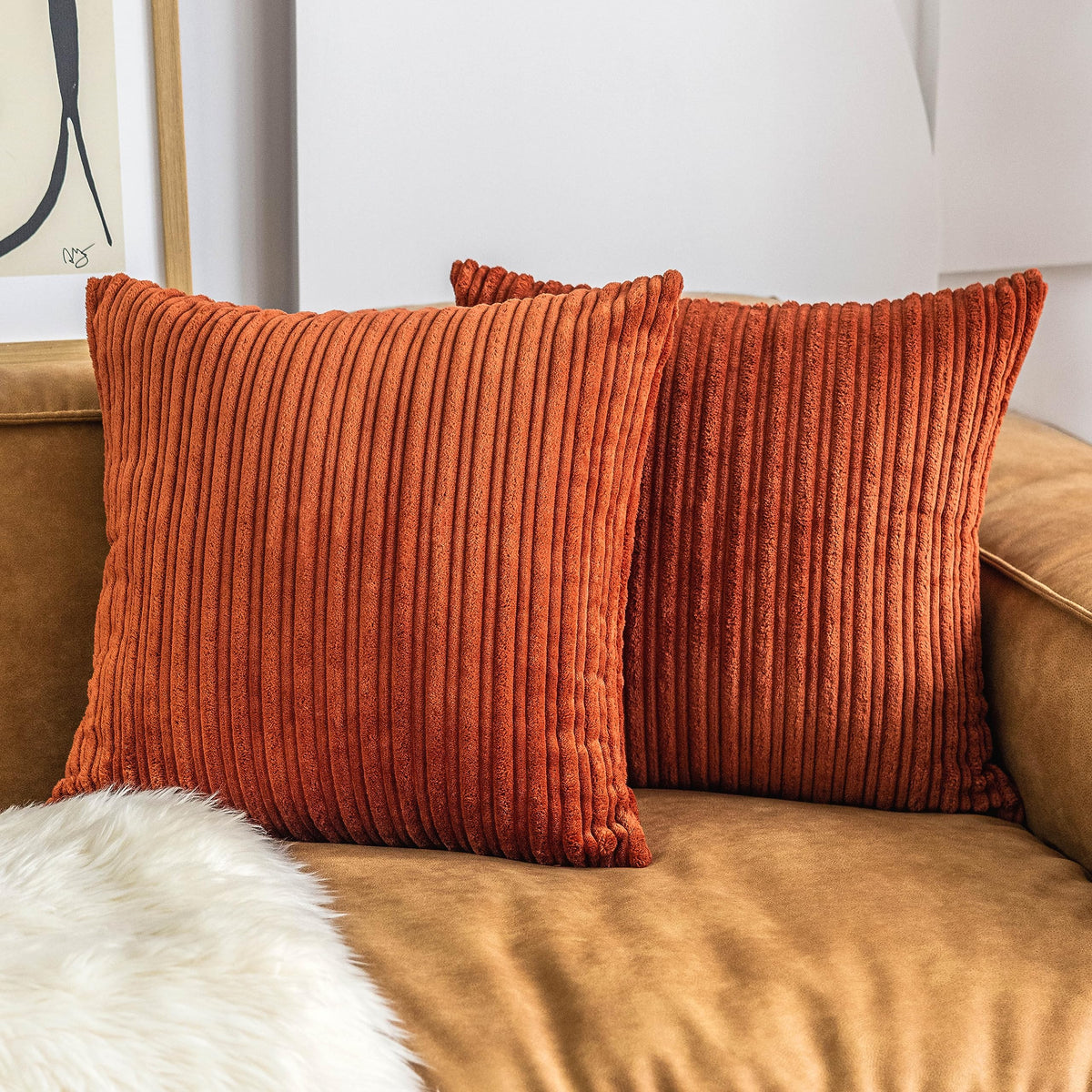 UGASA Velvet 12x20 Inch Lumbar Soft Throw Pillow Cover Boho Farmhouse Decorative Corduroy Striped Both Sides Solid Rectangular Cushion Case for Couch Bedroom Sofa Home, 1 Piece, Beige