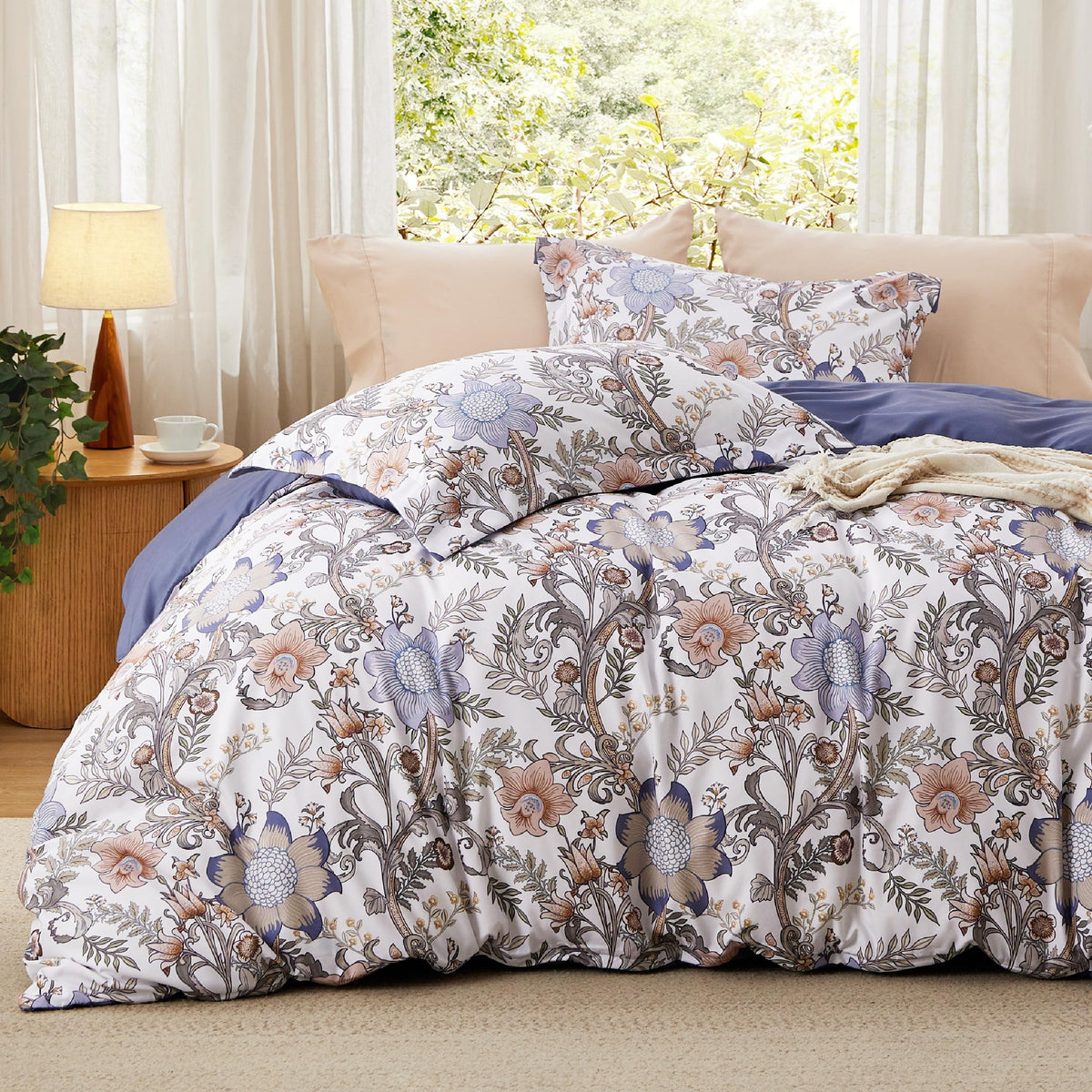 Bedsure Duvet Cover King Size - Reversible Floral Duvet Cover Set with Zipper Closure, 3 Pieces Grey Bedding Set with 8 Corner Ties and 2 Pillowcases 20"x36"