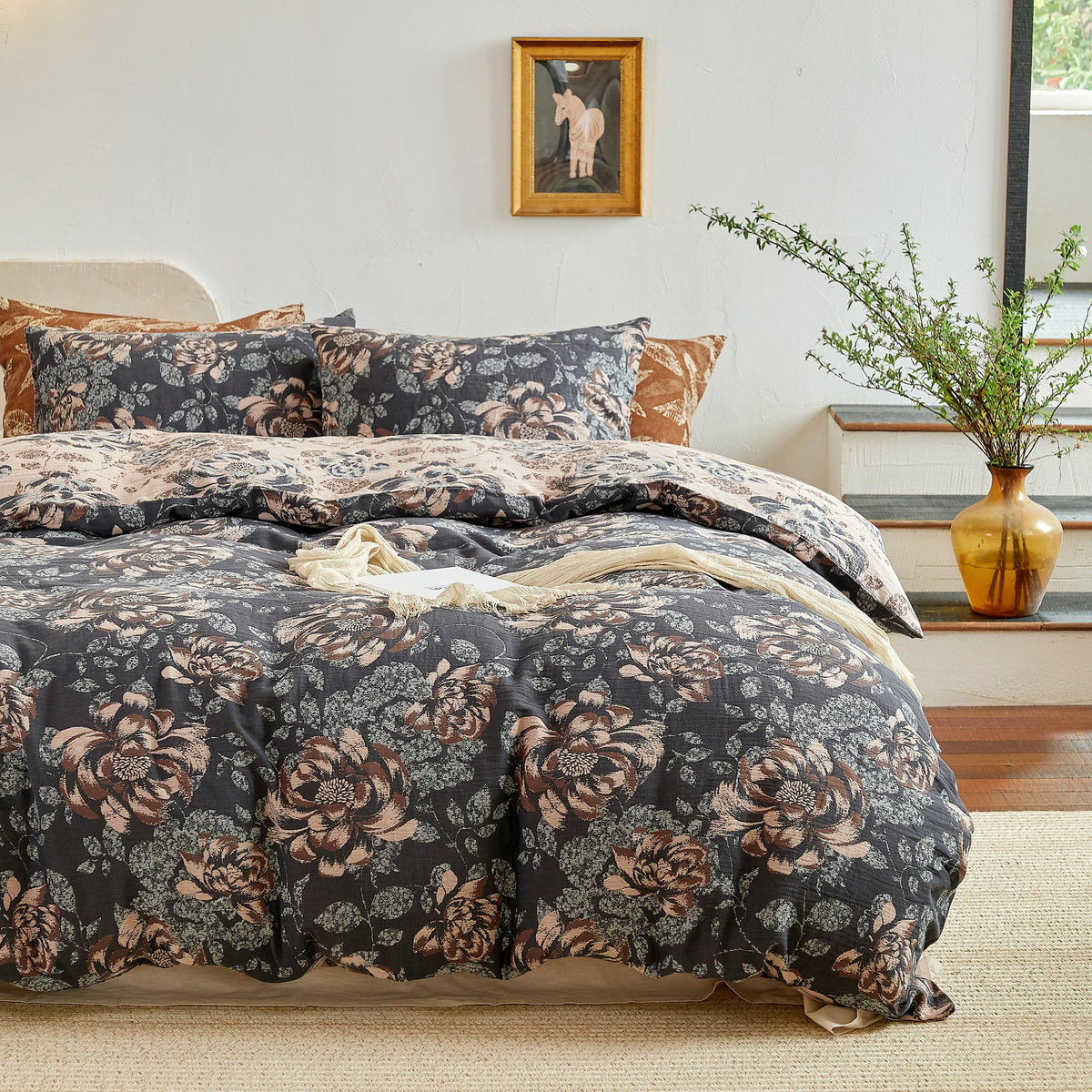 BISELINA 100% Cotton Muslin Duvet Cover Set King, 3 Pcs Yarn-Dyed Jacquard Textured Reversible Floral Design, Soft and Breathable Bedding Set with Zipper Closure, Blue Orange