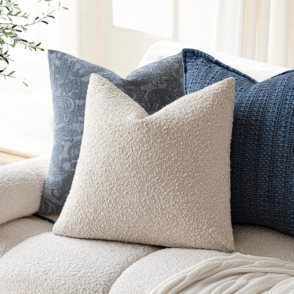 Foindtower Decorative Textured Boucle Throw Pillow Covers 18x18 Inch,Ivory