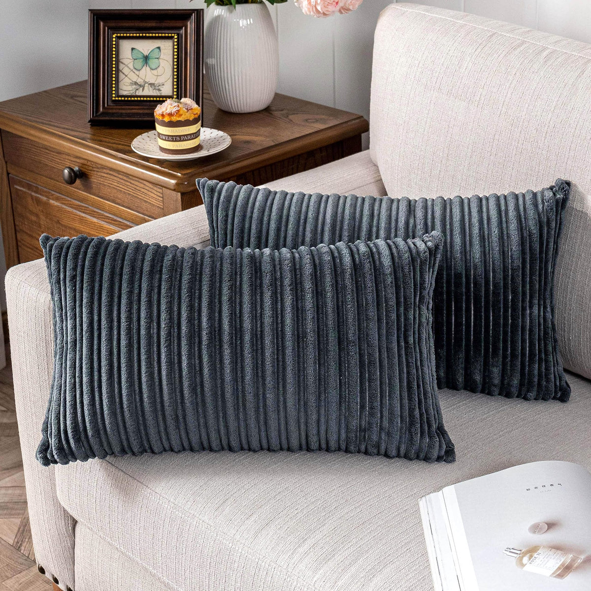 UGASA Velvet 12x20 Inch Lumbar Soft Throw Pillow Cover Boho Farmhouse Decorative Corduroy Striped Both Sides Solid Rectangular Cushion Case for Couch Bedroom Sofa Home, 1 Piece, Beige