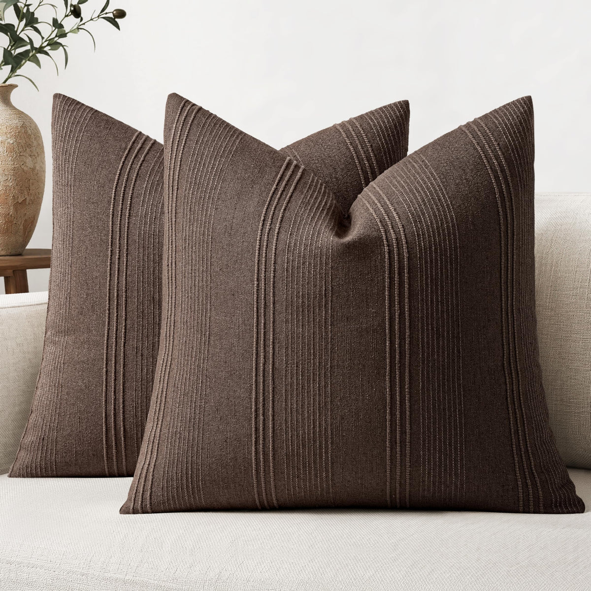 MIULEE Decorative Striped Throw Pillow Covers 18x18 in Natural Beige 2 Pack