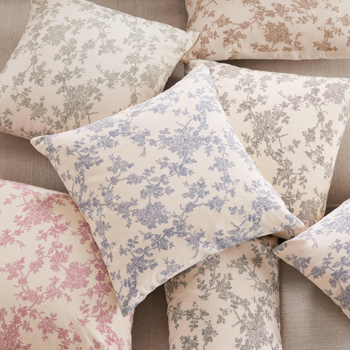 2 Pack French Floral Throw Pillow Covers 18x18in, Blue/Cream