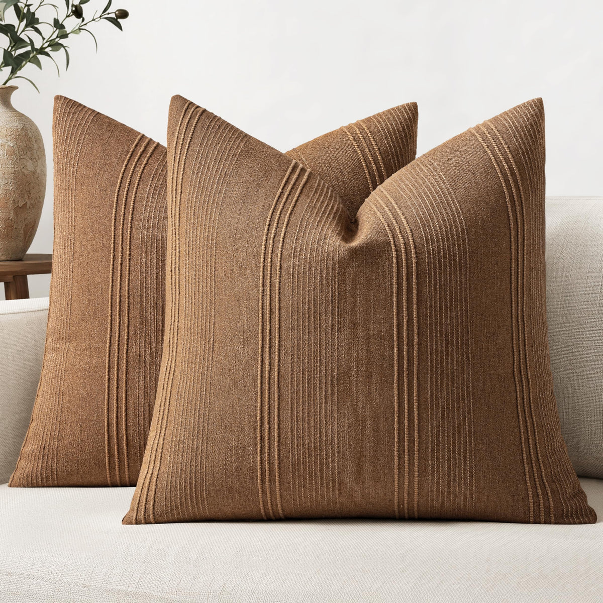 MIULEE Decorative Striped Throw Pillow Covers 18x18 in Natural Beige 2 Pack