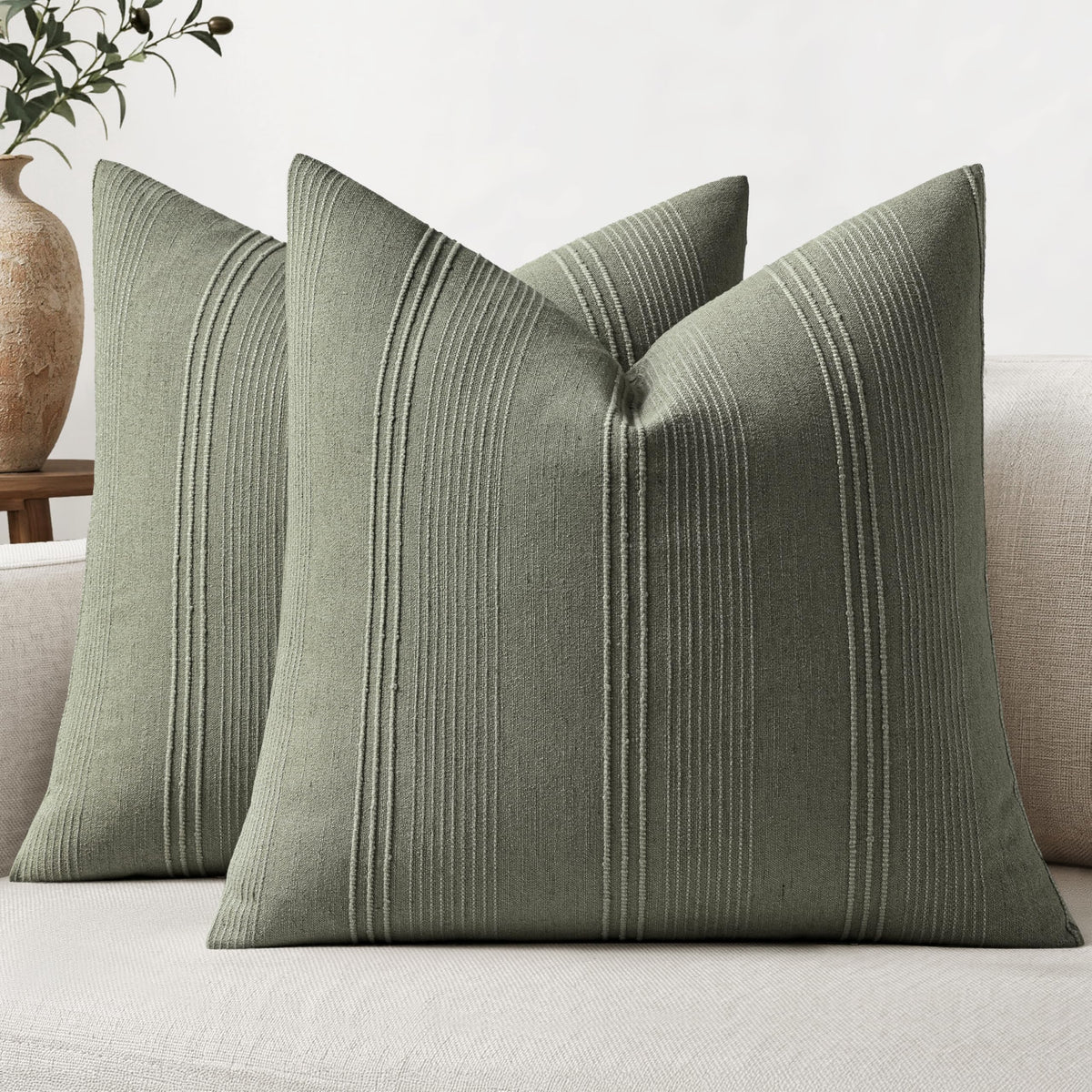 MIULEE Decorative Striped Throw Pillow Covers 18x18 in Natural Beige 2 Pack