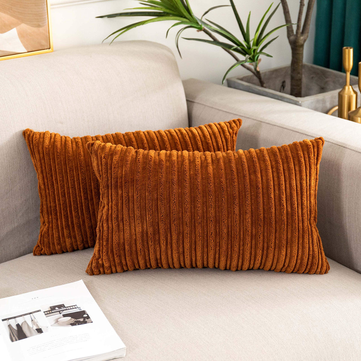 UGASA Velvet 12x20 Inch Lumbar Soft Throw Pillow Cover Boho Farmhouse Decorative Corduroy Striped Both Sides Solid Rectangular Cushion Case for Couch Bedroom Sofa Home, 1 Piece, Beige