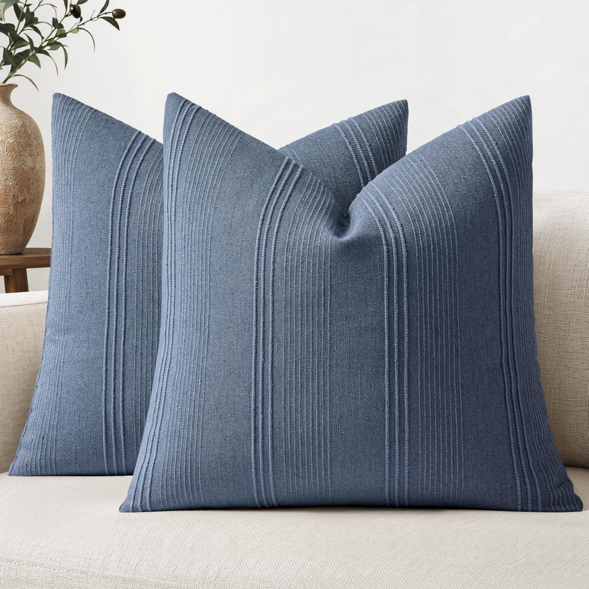 MIULEE Decorative Striped Throw Pillow Covers 18x18 in Natural Beige 2 Pack