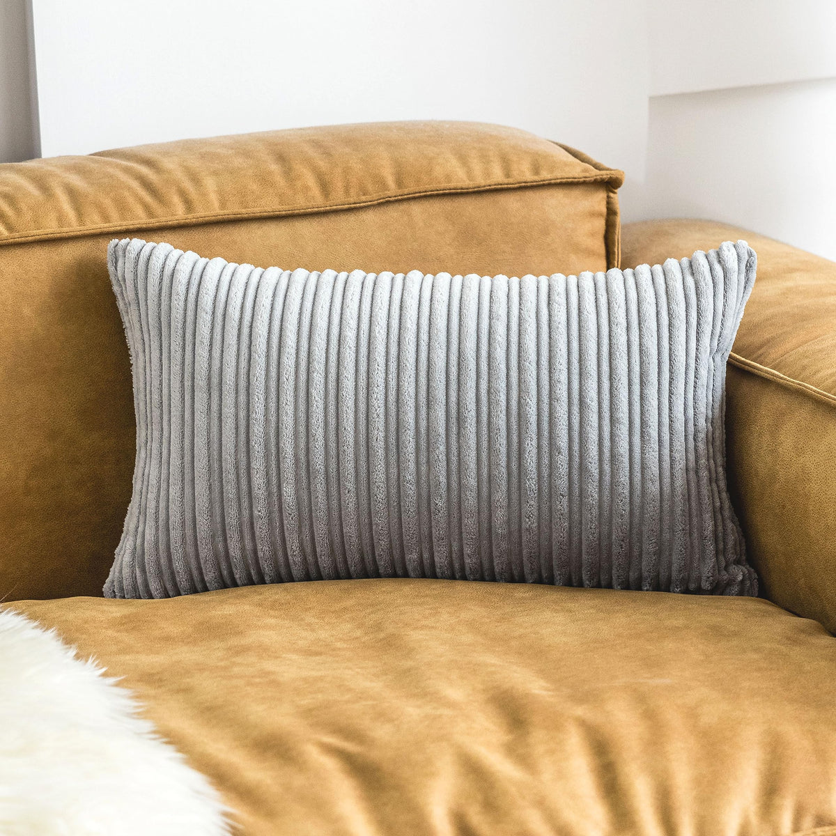 UGASA Velvet 12x20 Inch Lumbar Soft Throw Pillow Cover Boho Farmhouse Decorative Corduroy Striped Both Sides Solid Rectangular Cushion Case for Couch Bedroom Sofa Home, 1 Piece, Beige