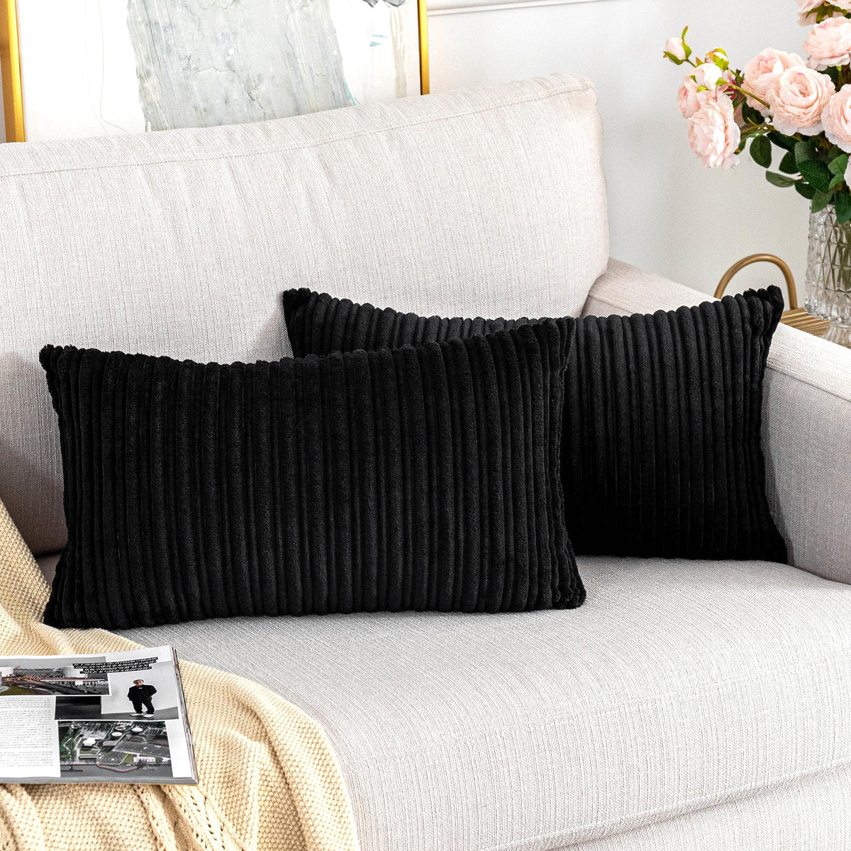 UGASA Velvet 12x20 Inch Lumbar Soft Throw Pillow Cover Boho Farmhouse Decorative Corduroy Striped Both Sides Solid Rectangular Cushion Case for Couch Bedroom Sofa Home, 1 Piece, Beige