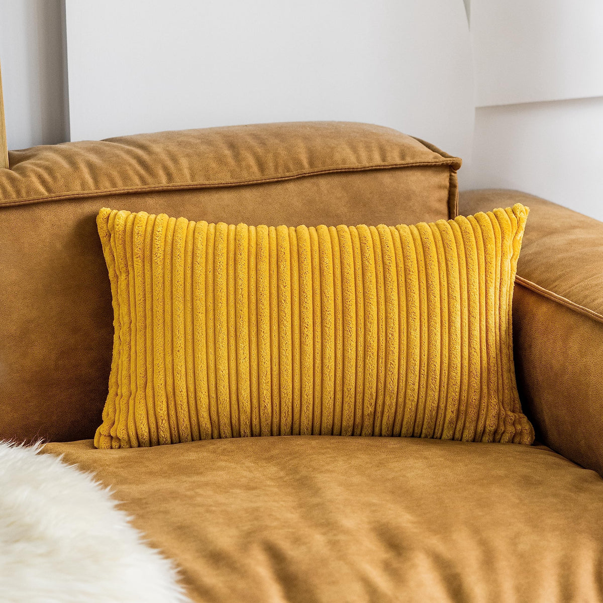 UGASA Velvet 12x20 Inch Lumbar Soft Throw Pillow Cover Boho Farmhouse Decorative Corduroy Striped Both Sides Solid Rectangular Cushion Case for Couch Bedroom Sofa Home, 1 Piece, Beige
