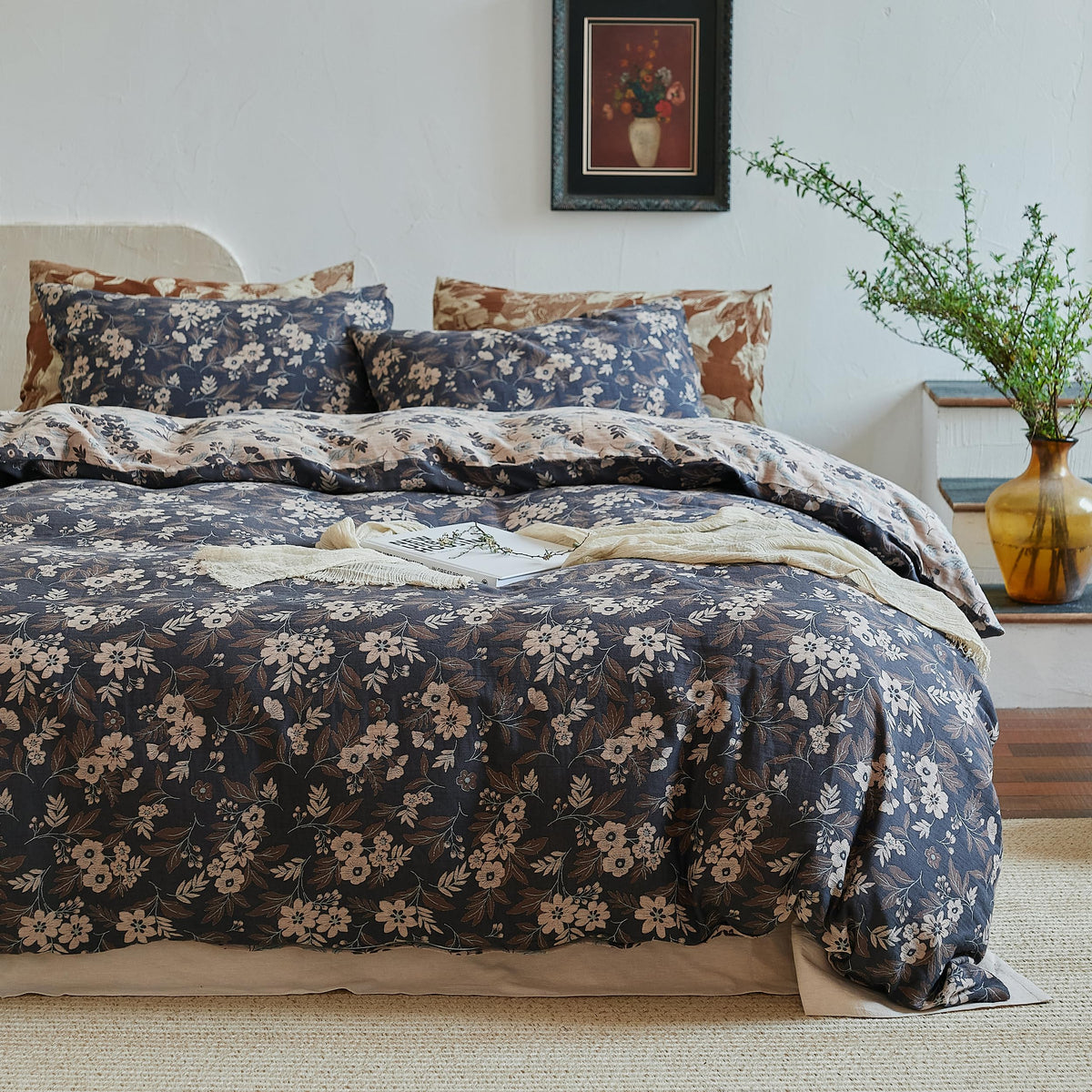 Simple&Opulence Muslin Duvet Cover Set Queen Size, 100% Washed Cotton 3 Pieces Yarn-Dyed Vintage Purple Floral Jacquard Textured Bedding, Soft & Breathable Gauze Comforter Cover with Zipper Closure